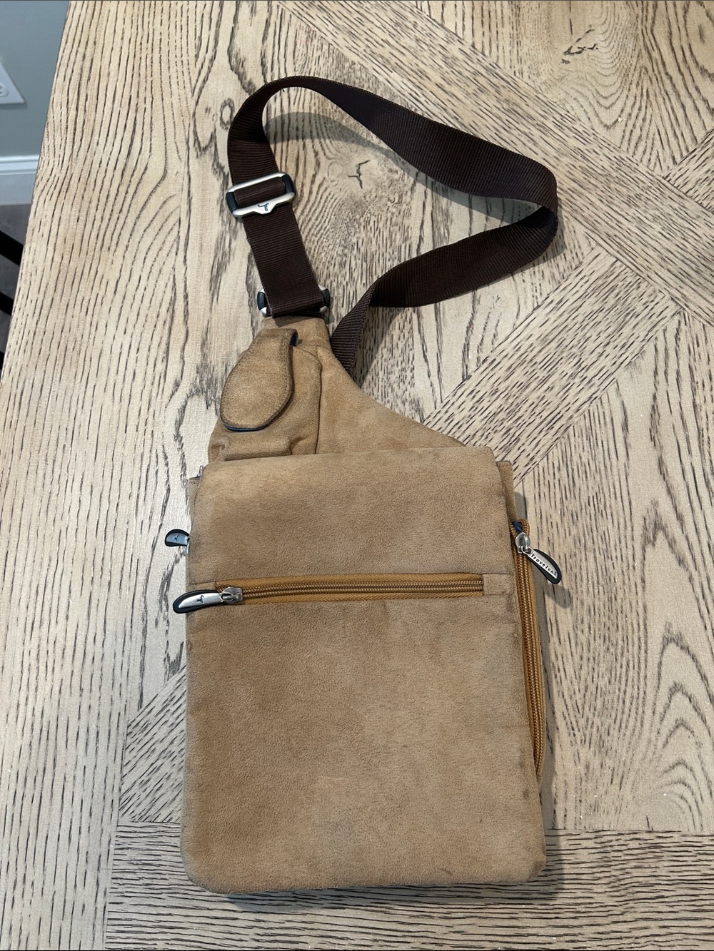 Travelon Tan Suede Crossbody Sling Bag with Brown Strap